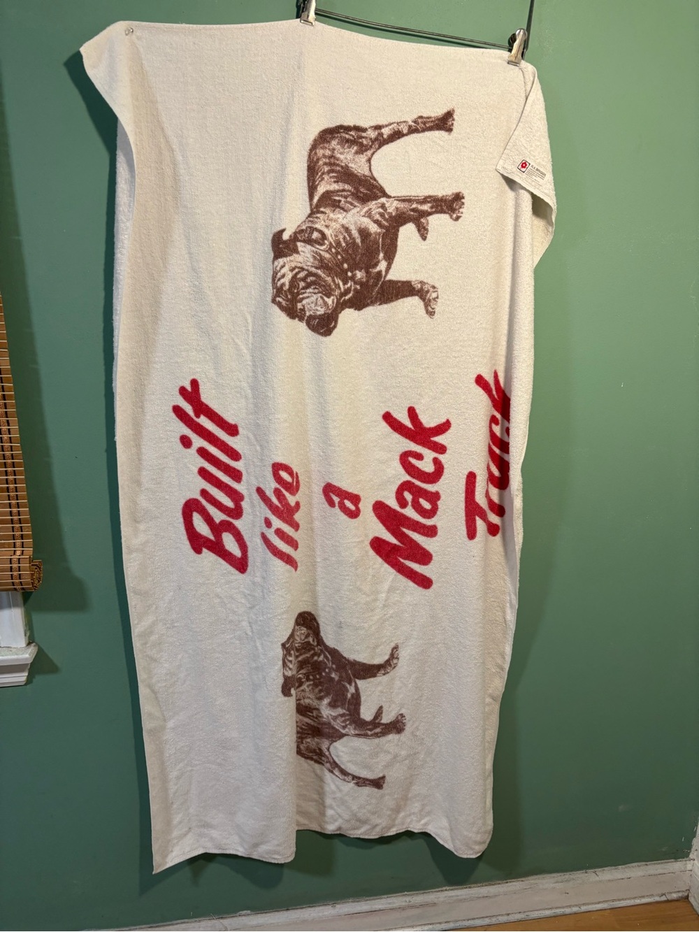 Vintage Built Like a Mack Truck Bulldog Beach Towel - White with Red & Brown